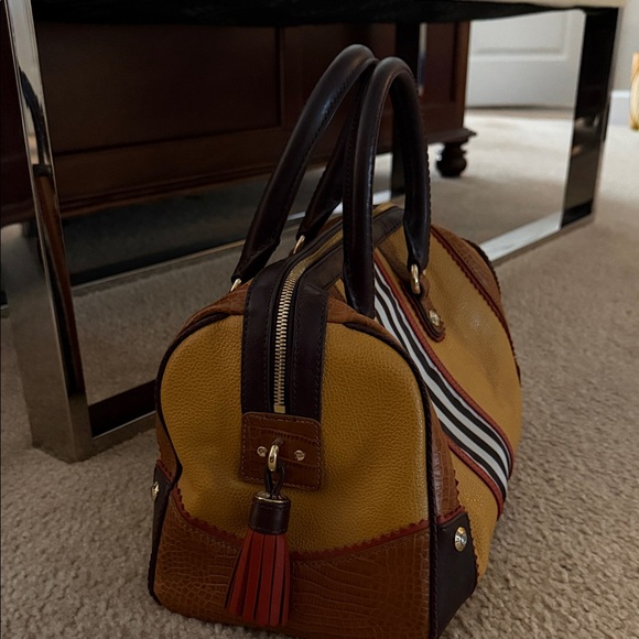 Henri Bendel Yellow and Brown Barrel Bag with Signature Stripes - Picture 3 of 4